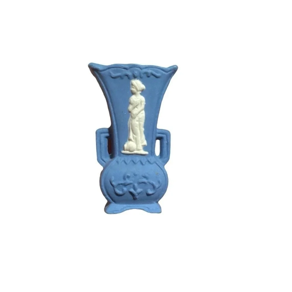 Vintage Blue Jasperware Style Miniature Vase Japan Neoclassical Cameo 2 inch